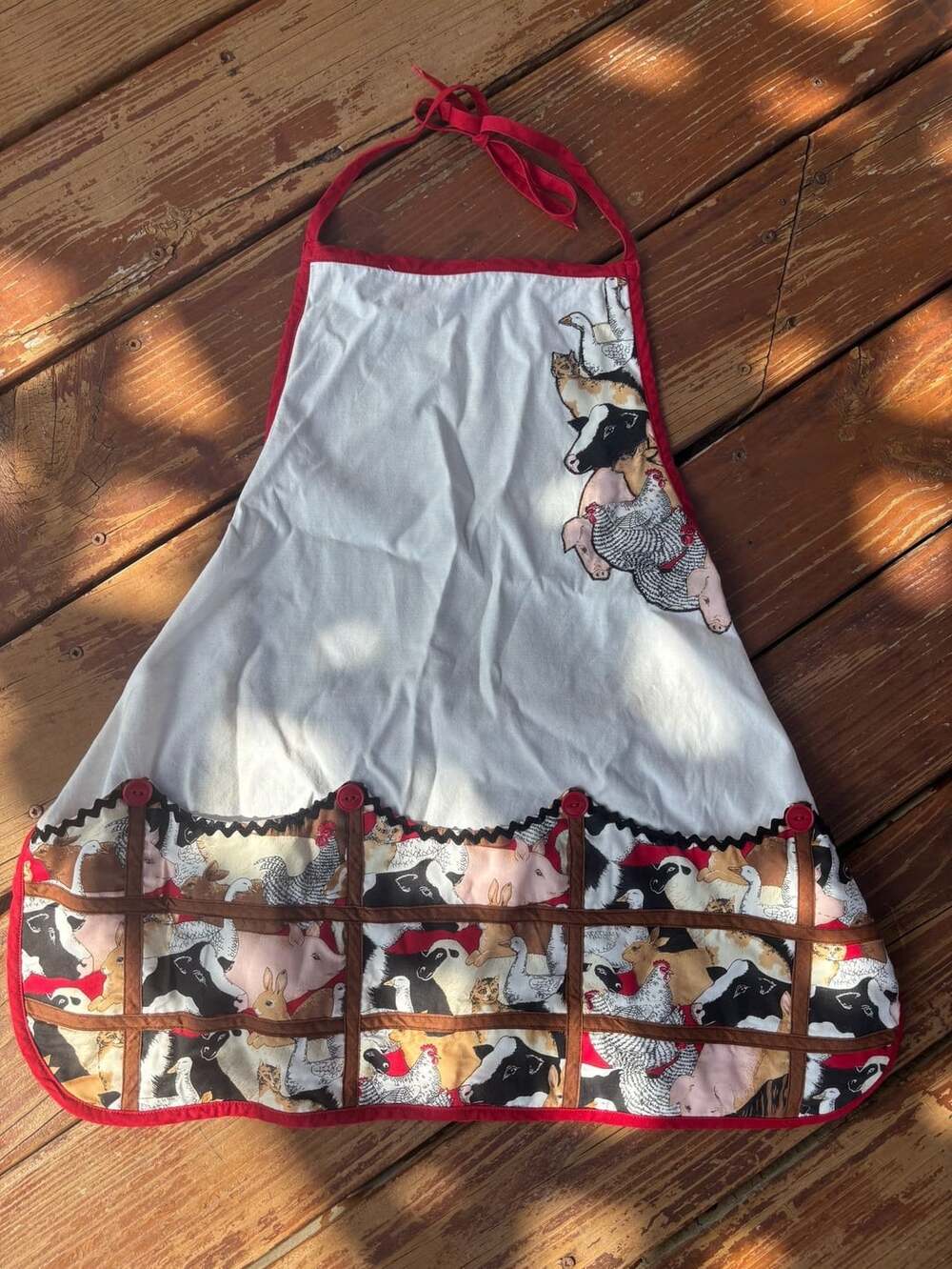 Vintage Farmhouse Animal Print Kitchen Apron or egg gathering apron Red White